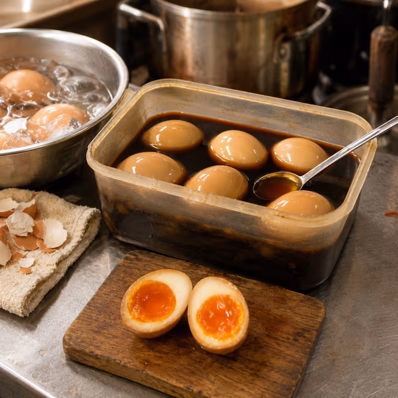 Halved ajitama eggs with jammy centers