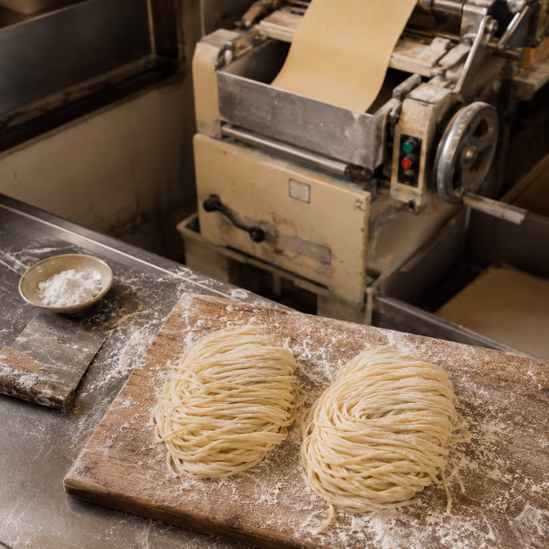 Fresh-cut wheat noodles dusted with flour