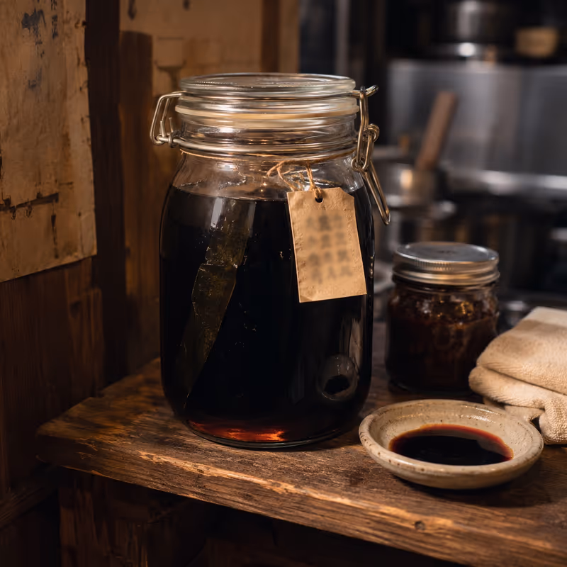 Aged tamari tare in a dark jar