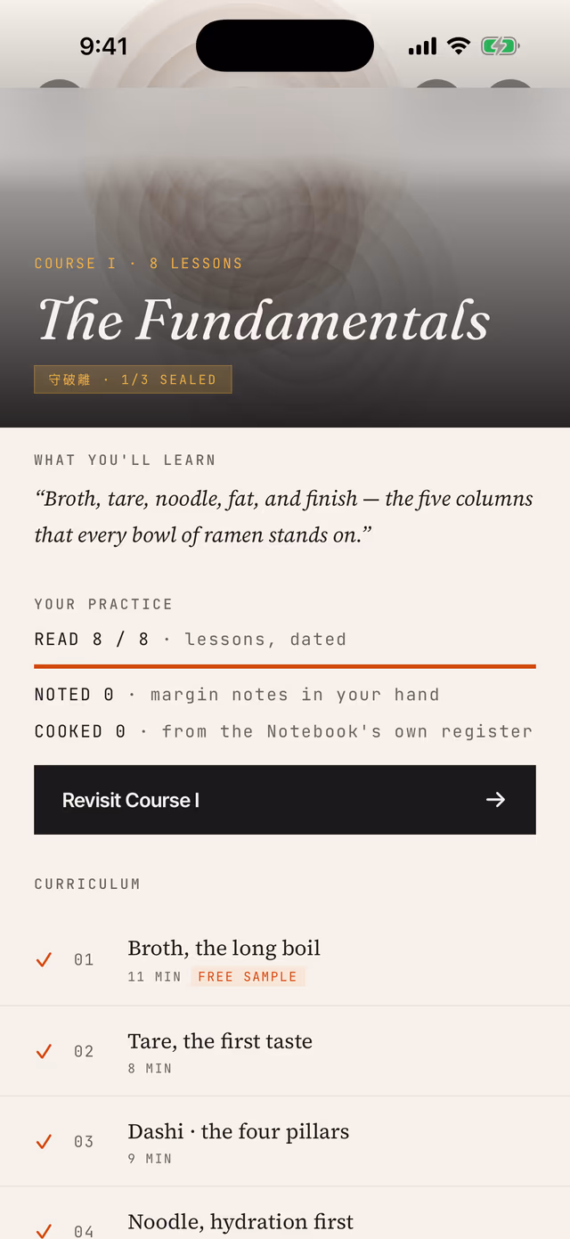RamenLab Academy course — lessons from first dashi to sealed capstone