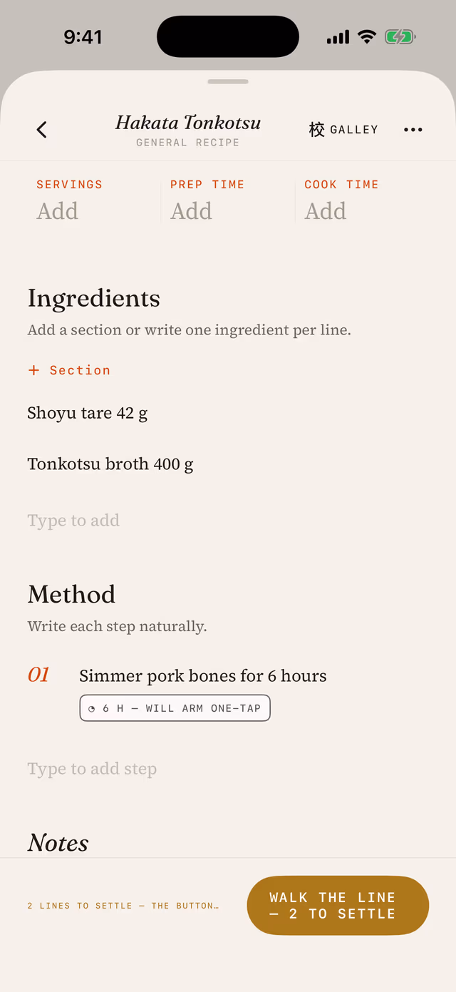 The Dandori writing bench — a recipe mid-composition