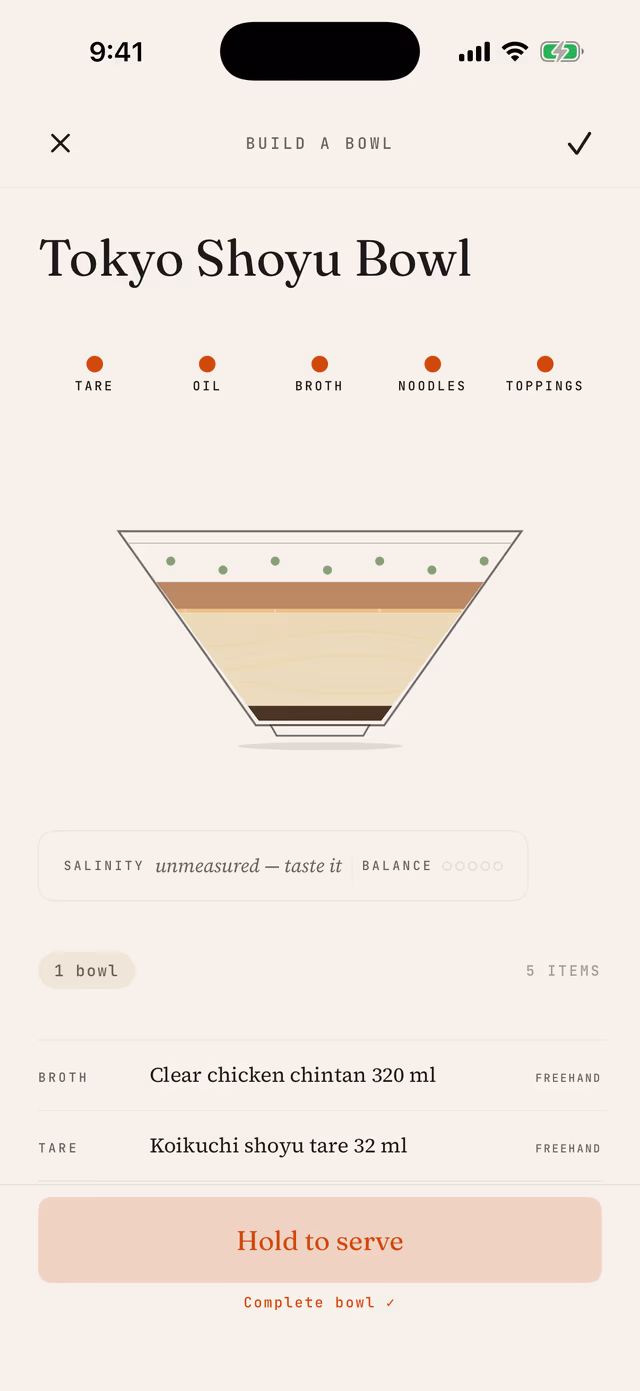 RamenLab Bowl Builder — five components composed into one bowl
