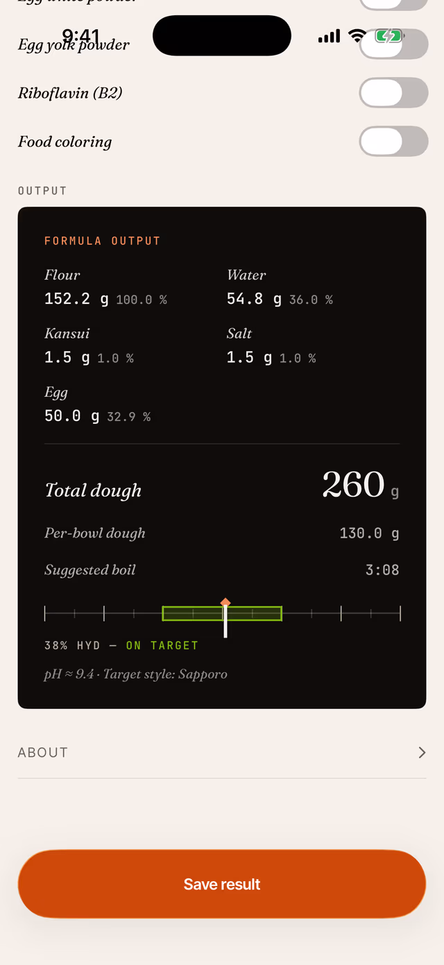 RamenLab noodle formulator output — flour, water, and kansui in grams
