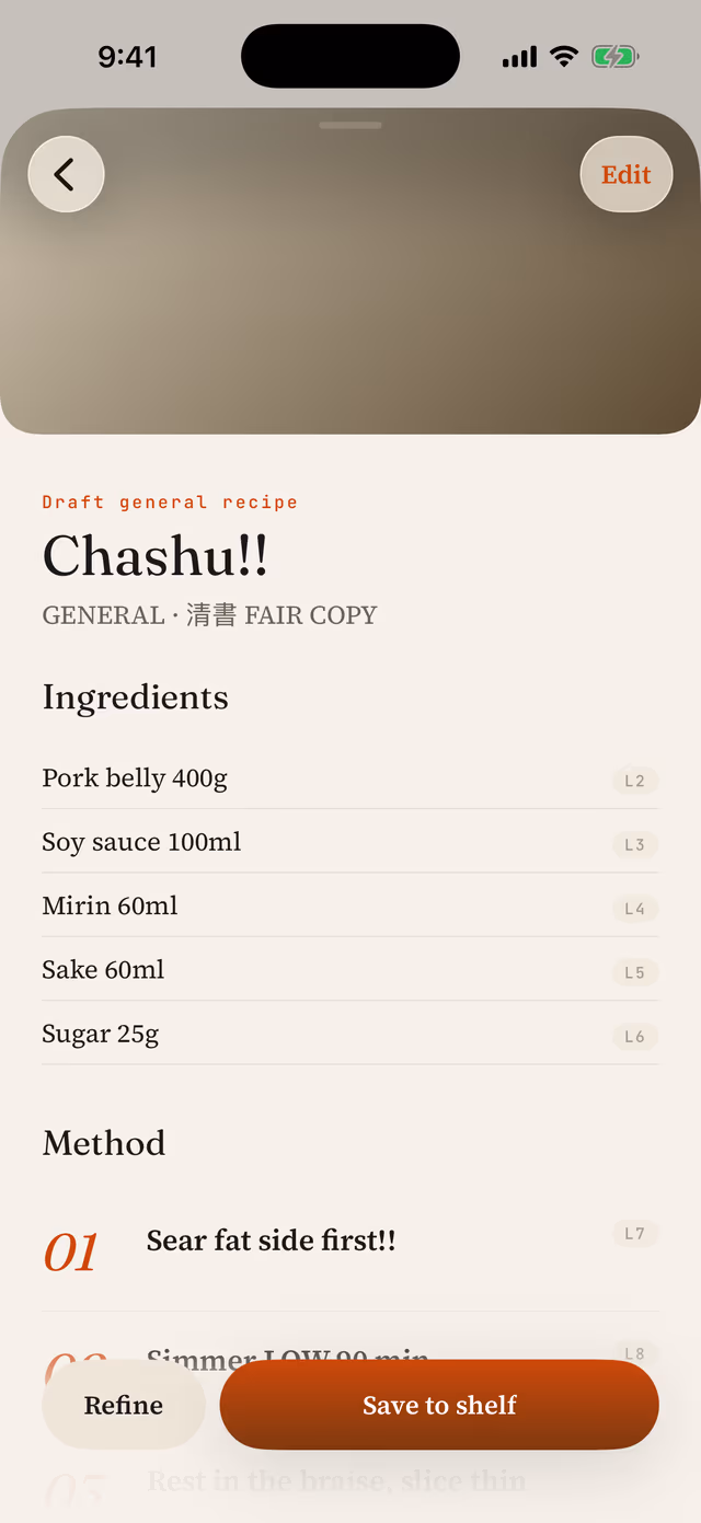 RamenLab's magic recipe writer: a chashu recipe organized into a typeset fair copy with grams and steps